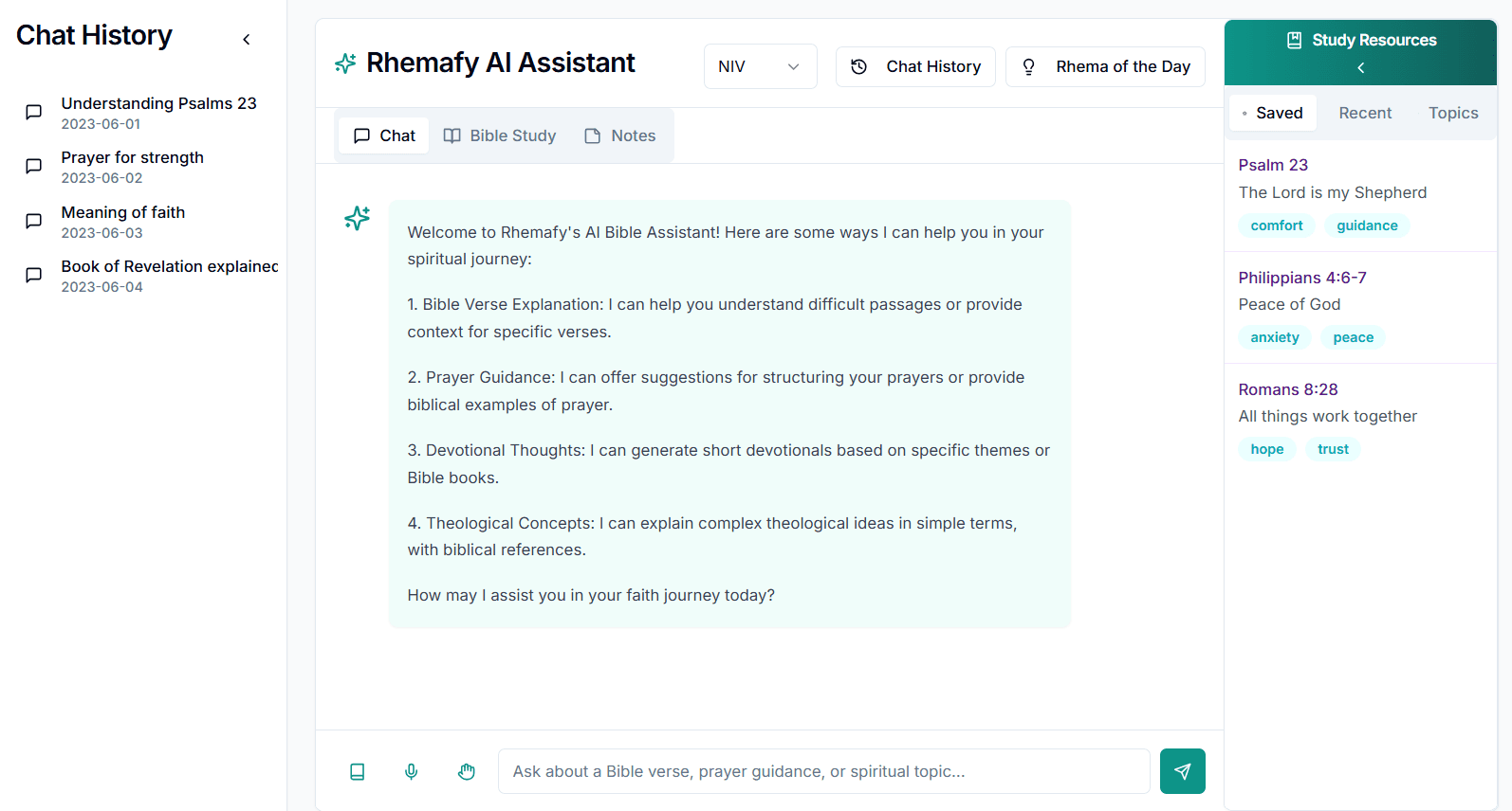 Rhemafy AI Bible Assistant Interface